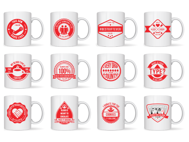12 Gallon Mug cups indicating different donation levels reached.