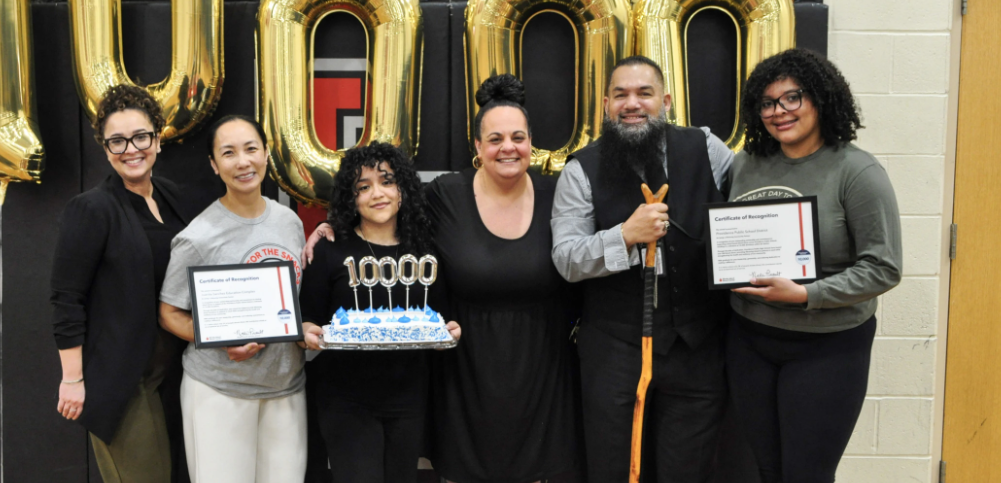 Providence Public Schools Superintendent Javier Montañez, Juanita Sanchez Education Complex Principal Ariana Testa, Blood Drive Coordinator Sarah Young, Rhode Island Blood Center Donor Recruitment Manager Sarah Perez, as well as student coordinators Jay’a and Joseline.