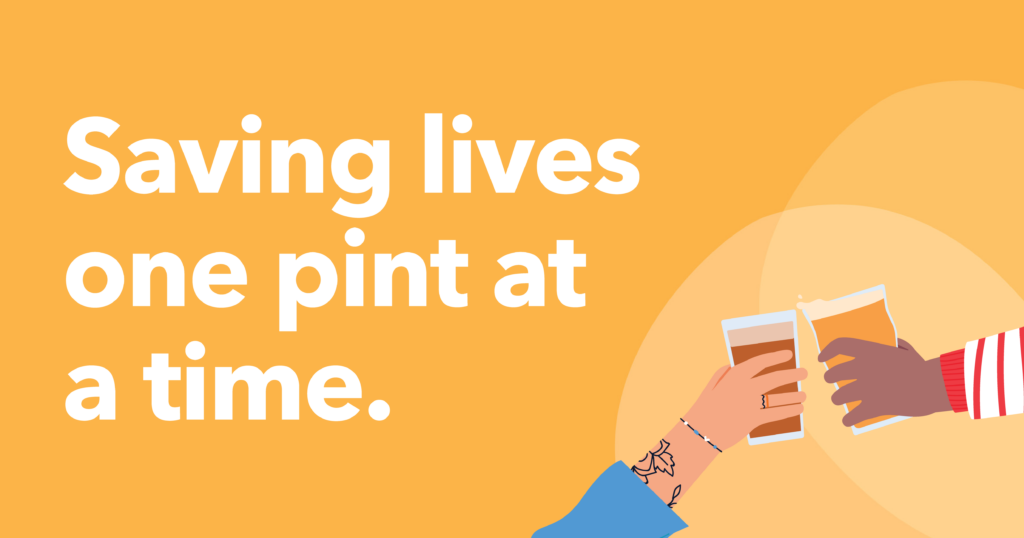 Saving Lives one pint at a time. One hand holding a coffee cup, and one a brew.